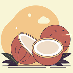 A realistic image of tropical coconuts on a beach. Two coconuts are halved, revealing the white flesh inside, while one whole coconut with a rough brown shell is in the background. They are lying on l