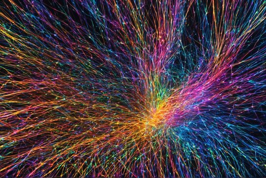 Exploding rainbow fiber optic strands with glowing light in futuristic technology background