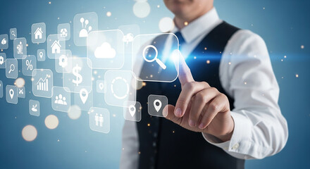 A professional man is using augmented reality (AR) and touching a magnifying glass icon with other symbols. This represents innovation in search technology and digital transformation. 