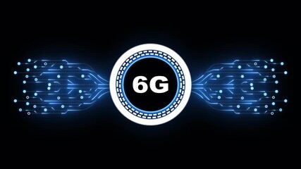 Glowing neon line HUD circle with 6G circuit board and electronic details on dark backdrop with dotted halftone effect. Futuristic Circuit Board Circuit Footage, - Powered by Adobe