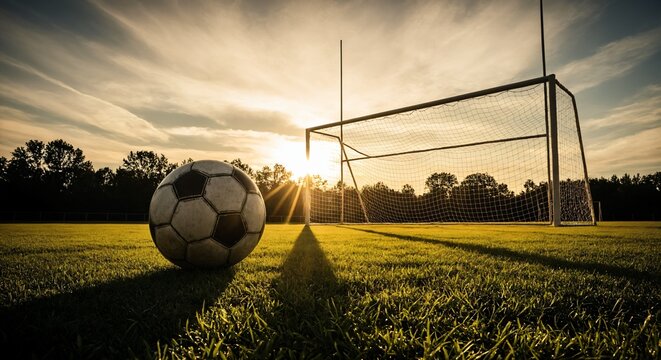 Beautiful Soccer Ball on Green Field at Sunset Near Goalpost.