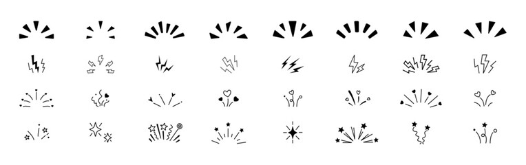 Doodle explosion. Comic burst manga elements. Radial line rays, hand drawn shine, idea, surprise and exclamation symbol. Explosion frames, retro cartoon outline vector set.