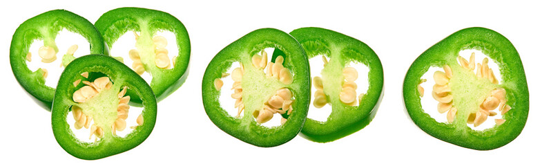 sliced jalapeno peppers isolated on white background. Green chili pepper. Capsicum annuum. top view
