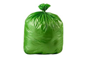 Green Garbage Bag Tied at the Top, Isolated on a White Background, Perfect for Environmental and Waste Management Related Concepts