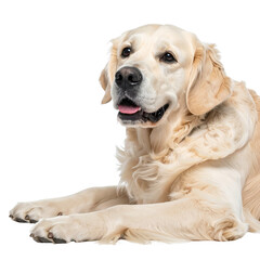 Golden Retriever's Gentle Gaze: A close-up shot of a serene golden retriever exudes warmth, highlighting its fluffy fur, endearing expression, and the genuine charm of its relaxed demeanor.