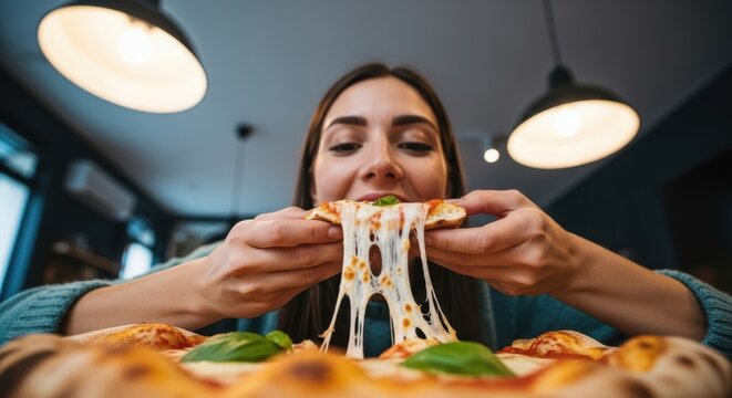 Young caucasian woman enjoying cheesy pizza slice in cozy restaurant setting - Powered by Adobe