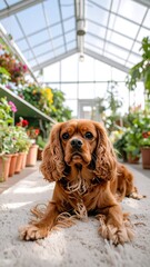 Dog in a greenhouse, laying down