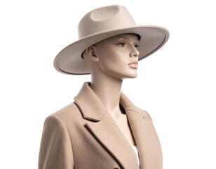Elegant Hat and Coat: A sophisticated beige fedora hat and matching overcoat, exuding timeless style and understated luxury, captured in a professional studio setting.