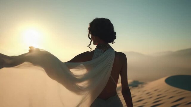 Back view of a woman with a flowing white scarf draped over her shoulder, standing at sunset against a warm, glowing horizon.
