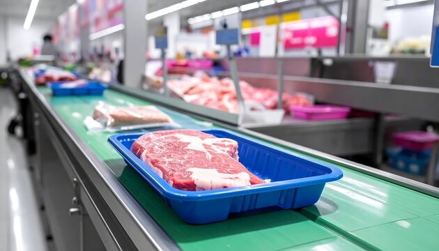 Fresh meat on a conveyor belt in a supermarket