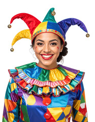 Jester's Joy: A radiant jester, adorned in a vibrant, multicolored costume, emanates infectious mirth and delightful playfulness with a captivating smile.