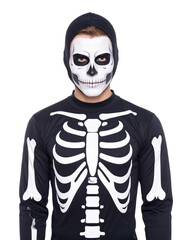 Skeleton Costume for Halloween: A captivating portrait of a person dressed in a meticulously designed skeleton costume for the spooky season, embodying the spirit of the holiday