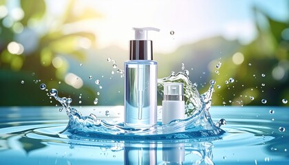 Skincare Serenity: Two cosmetic bottles gracefully nestled amidst a splash of water, creating a serene atmosphere that highlights the fresh and rejuvenating nature of skincare.