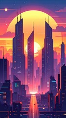 Urban Sunrise Symphony: Skyscrapers pierce the dawn sky, a radiant cityscape bathed in the warm hues of sunrise. An awe-inspiring skyline of towering buildings, a testament to architectural artistry.
