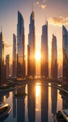 City Skyline at Sunset: The cityscape glistens as the sun casts its golden light across the sleek, modern architecture of a metropolitan skyline.