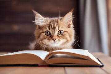 Cat Student Sitting Behind Open Book