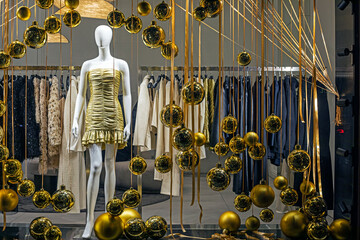 Effective decorative shiny balls in the shop window of a shopping center