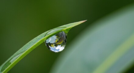 Delicate dewdrop clinging to blade of grass