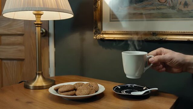 Healthy baked oat biscuits accompanied by freshly brewed hot beverage placed on wooden table