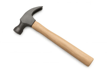 Wooden-handled claw hammer positioned vertically, showcasing metallic head and ergonomic handle against clean white backdrop