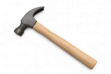 Wooden-handled claw hammer positioned vertically, showcasing metallic head and ergonomic handle against clean white backdrop