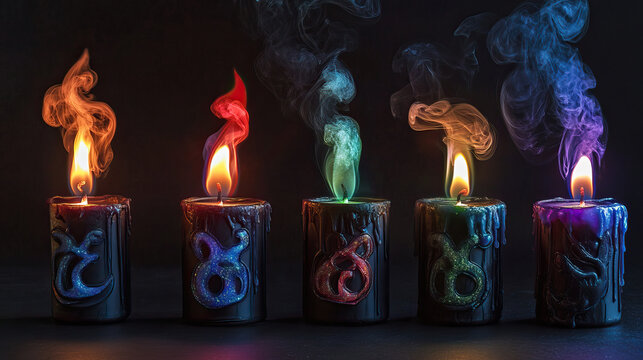 Set of black candles with multi-colored flames, wax melting into mystical symbols, smoke forming animal shapes - Powered by Adobe