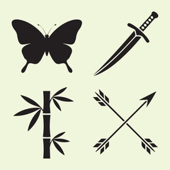 Silhouette of four symbols butterfly, sword, bamboo and crossed arrows grunge style icons