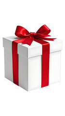 Fototapeta premium A white gift box, meticulously detailed, is adorned with a vibrant red ribbon and bow