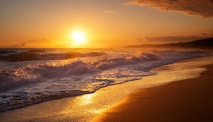 Golden Sunset Waves Crashing On Sandy Beach