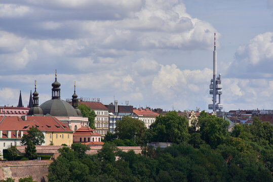 Zizkov television and observation tower in Zizkov District dominating skyline of Prague, capital of Czech Republic
