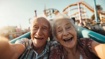 Two elderly people smiling for a selfie on a ride, with a marina and boats in the background. - Powered by Adobe