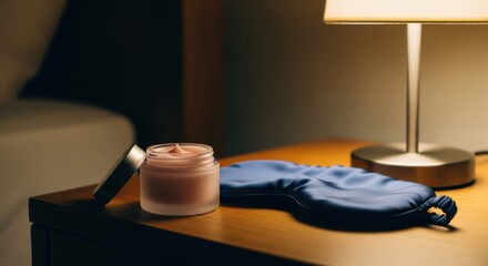 Night cream and sleep mask on a bedside table for bedtime routine