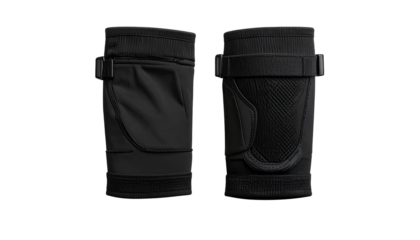 Black knee supports,  front and back views.  Adjustable straps.  Sports protective gear