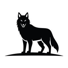 Fototapeta premium Silhouette of a wolf standing alert on a small hill, facing forward with a watchful expression.