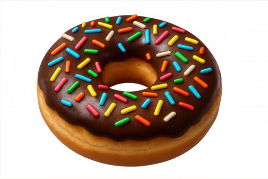 Floating chocolate donut with colorful sprinkles isolated on transparent background, ideal for food and dessert themed projects