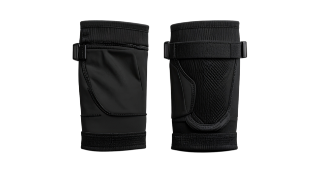 Black knee supports,  front and back views.  Adjustable straps.  Sports protective gear