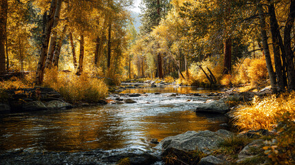 Autumn river scene golden leaves trees rocks flowing water nature landscape