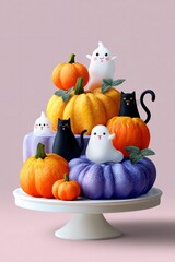 A Halloween cake decorated with colorful, edible pumpkins, friendly ghosts, and black cats, all with a happy, smiling expression