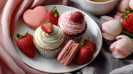 “Romantic Valentine’s Day dessert flat lay with strawberry cupcakes, pink macarons, and fresh strawberries on a white plate, decorated with pink tulips.” 🍓🧁🌸
