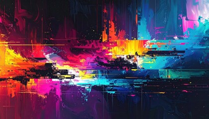 Abstract Glitch Art with Vibrant Colors on Dark Background Pixelated Digital Distortion and Noise in Horizontal Bands with Blue Pink and Orange