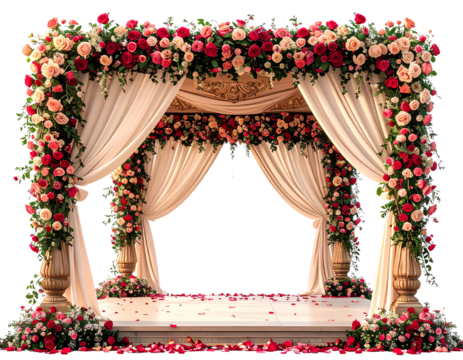 A beautiful Indian wedding mandap decorated with roses and flowers, set against isolated on a transparent background.