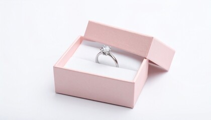 Silver engagement ring with central diamond in pink ring box with white interior