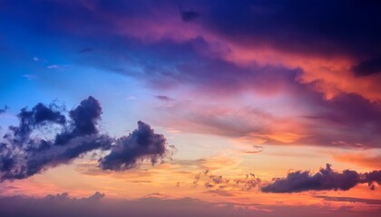 Obraz premium Gentle Vibrant Hues Sky End Day Dramatic Accumulated Clouds Appearing If Ignited Blue Upper Atmosphere Illuminated Magenta Orange Yellow Tones Dark Shaded Areas Weather Conditions Suitable Digital