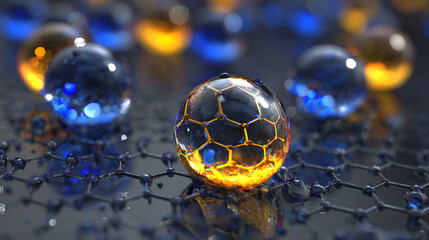 Naklejka premium A glowing sphere rests on a graphene sheet surrounded by other spheres in blue and orange hues