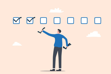 Illustration of a person placing check marks in multiple boxes, symbolizing progress, completion, and task management.