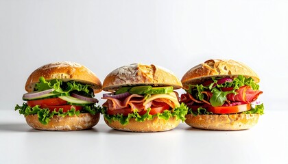 Three fresh sandwiches with crusty round rolls and vibrant fillings—lettuce, tomato, cucumber, onion, ham, avocado