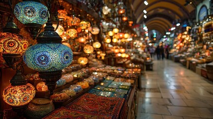 Illuminated mosaic lamps hanging in a market with colorful displays and blurred background shoppers view
