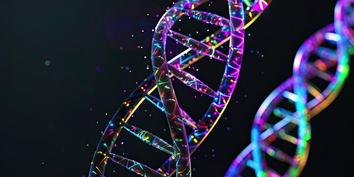 Vivid, multicolored double helix DNA strands against a dark background, illuminated with bright, glowing particles