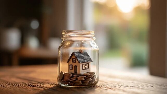 Tiny model house inside a glass jar filled with coins on a wooden table.
