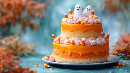 cake with a vibrant orange pumpkin frosting, topped with smiling fondant ghosts and candy corn. The background is a soft, blurred autumnal scene
